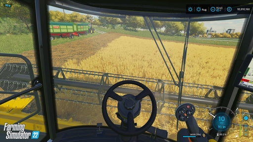 Gameplay screenshot - Inside the Harvester Cabin
First-person view from inside a combine harvester in Farming Simulator 22 for PC Steam, cutting through a golden wheat field with a green trailer in the distance. Enjoy realistic farming operations—get your Steam CD Key at RushGame.co today