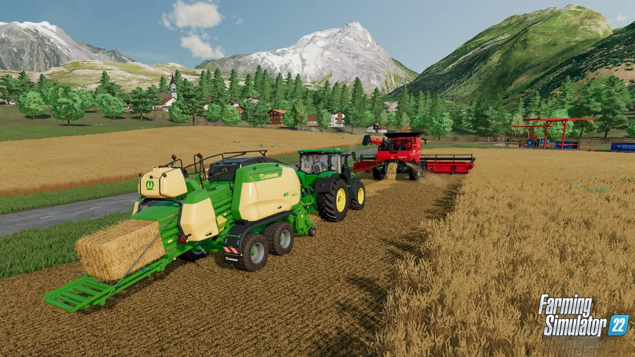 Gameplay screenshot - Harvesting in the Alps Region
A green Krone baler and a red harvester working together in a stunning alpine landscape in Farming Simulator 22 for PC Steam. Expand your farm with advanced machinery—buy your digital game key at RushGame.co