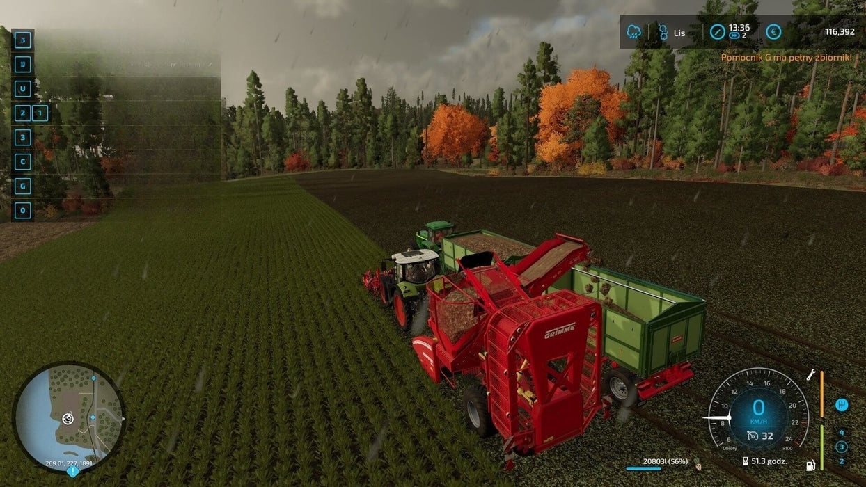 Gameplay screenshot - Root Crop Harvesting in the Rain
A red GRIMME root crop harvester operating in a rainy autumn field in Farming Simulator 22 for PC Steam, with a green trailer collecting harvested crops. Experience dynamic weather and farming realism—get your Steam CD Key now at RushGame.co