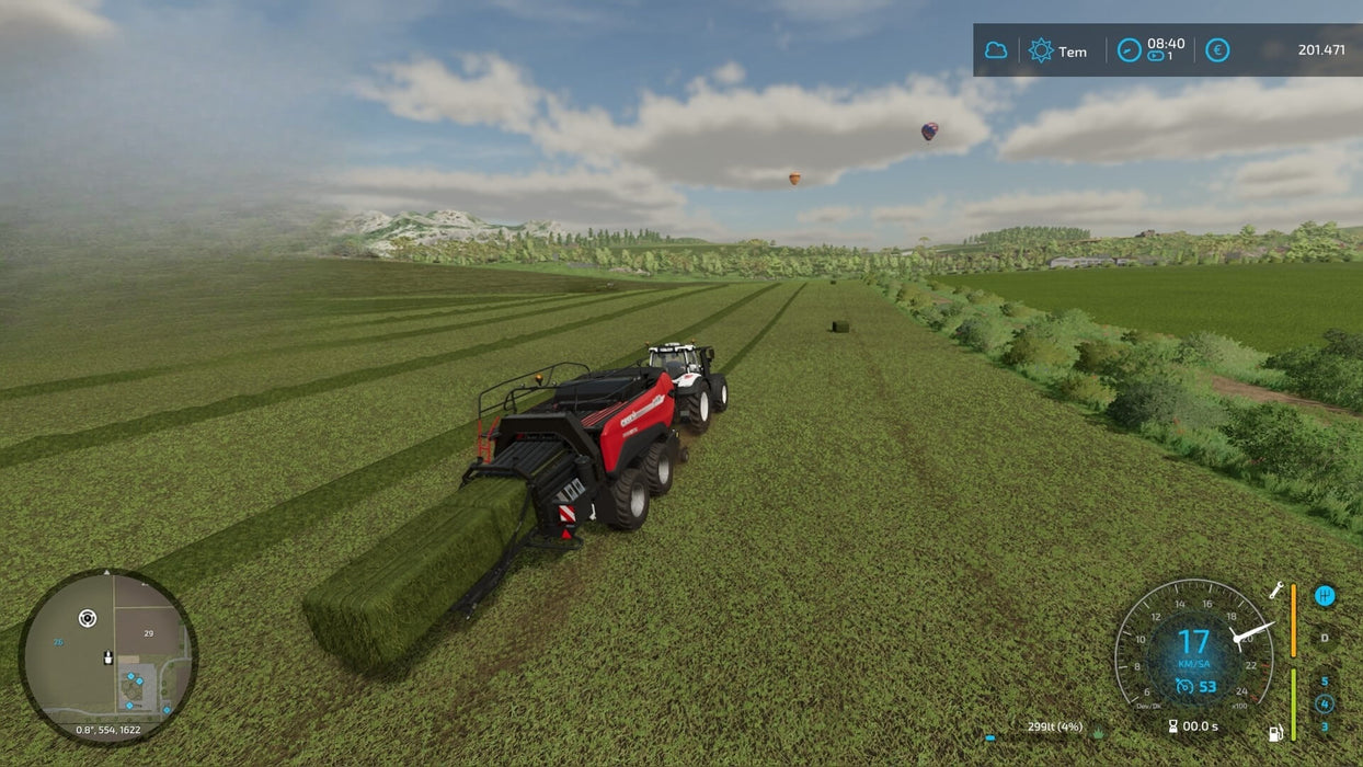 Gameplay screenshot -  Large-Scale Farming with Baling Equipment
A tractor pulling a baler on an expansive green field in Farming Simulator 22 for PC Steam. Optimize your hay production—purchase your digital game key now at RushGame.co