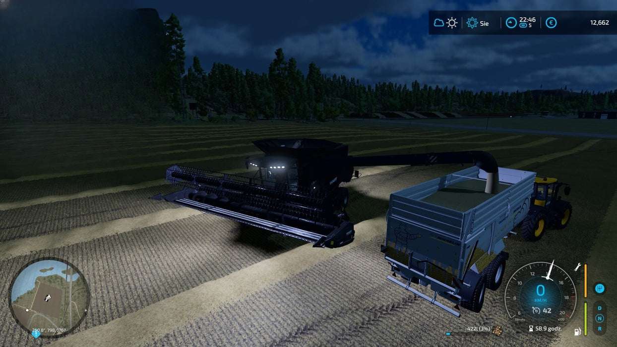 Gameplay screen - Harvesting Under the Moonlight
A large combine harvester unloading grain into a trailer under the night sky in Farming Simulator 22 - Platinum Edition for PC Steam. Experience realistic farming operations—buy your Steam CD Key now at RushGame.co