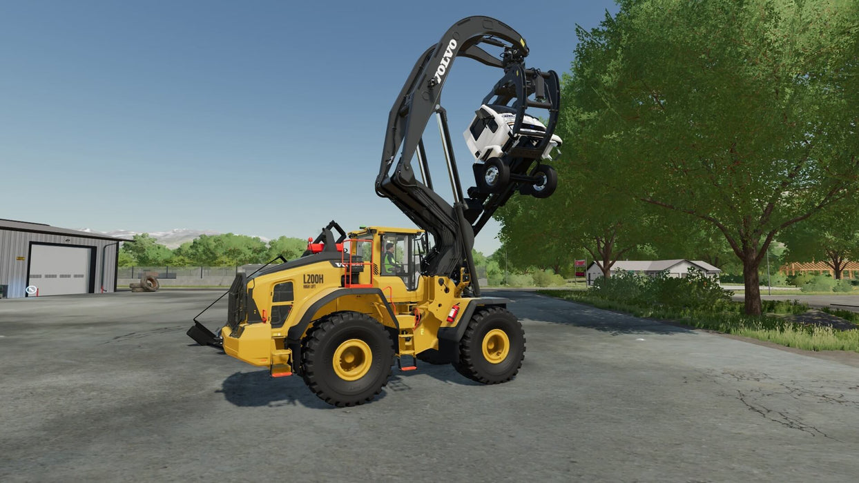 Gameplay screenshot - Volvo Loader Lifting a Vehicle
A Volvo L200H high-lift loader lifting a white vehicle in Farming Simulator 22 - Platinum Expansion DLC for PC Steam. The game features realistic logging and heavy machinery operations. Get your Steam CD Key now at RushGame.co and start your forestry adventure!
