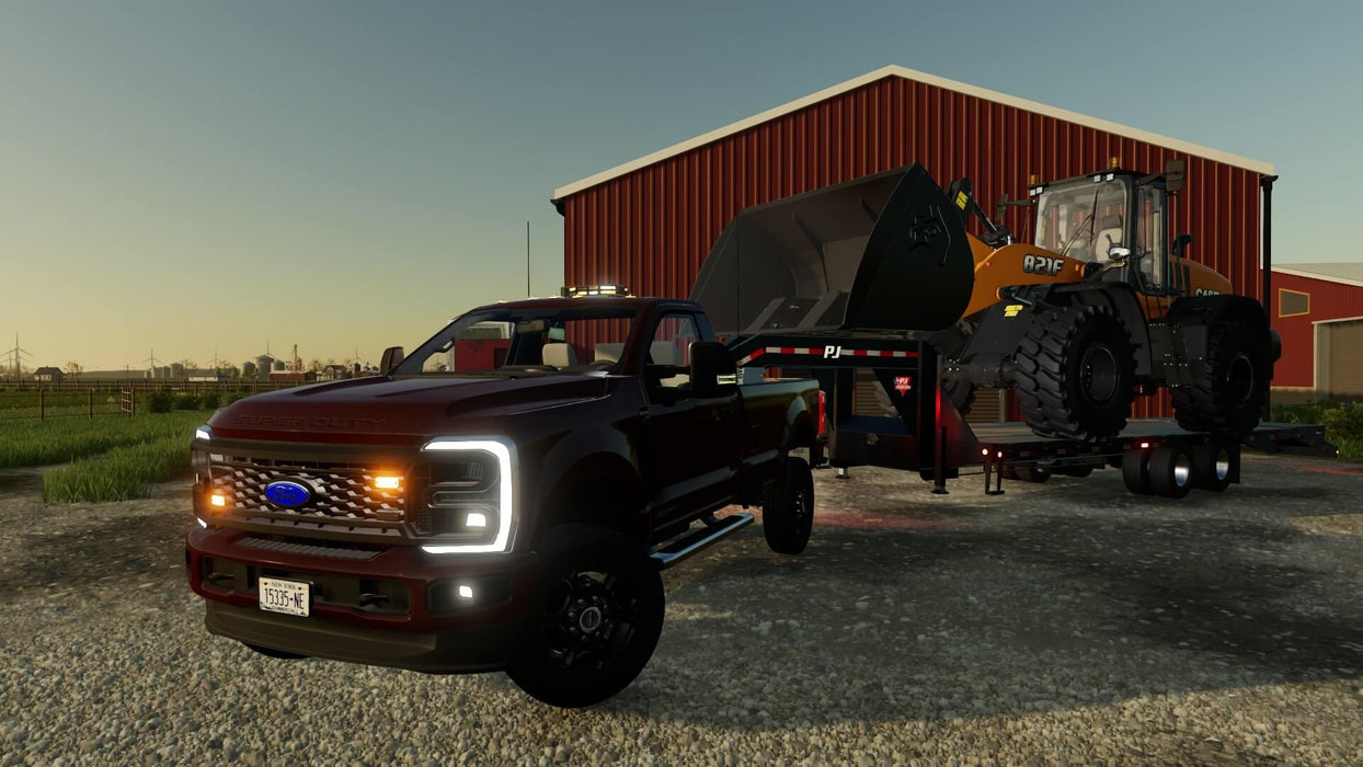 Gameplay screenshot - A red Ford Super Duty truck transporting a large Case 821F front loader on a trailer in Farming Simulator 22: Premium Edition. Expand your farming empire with authentic machinery—get your PC Steam CD Key now at RushGame.co