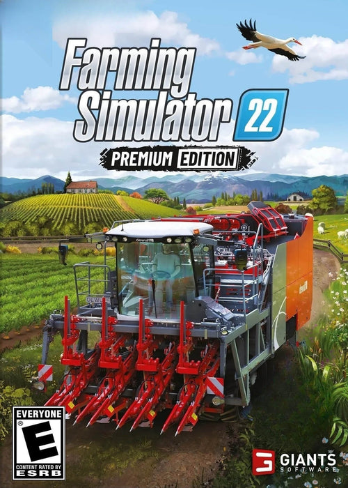 Official cover of Farming Simulator 22: Premium Edition for PC Steam, featuring a high-tech harvester working on a scenic farm landscape with rolling hills and lush greenery. Get your digital game key now at RushGame.co