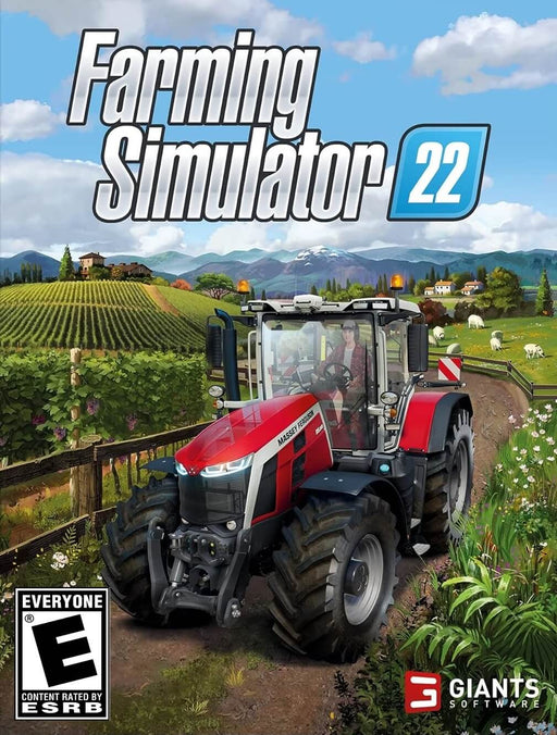 cover of Farming Simulator 22 for PC Steam, featuring a Massey Ferguson tractor driving through a lush countryside with vineyards and mountains in the background. Experience the most immersive farming simulation—buy your Steam CD Key now at RushGame.co