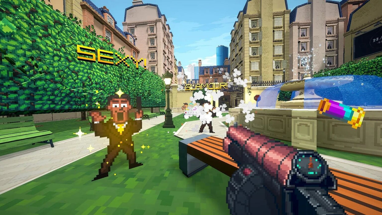Gameplay screenshot - Pixelated action in a stylish city)
"First-person pixel-art action scene from Fashion Police Squad on PC Steam, featuring a vibrant cityscape, a flamboyant character labeled 'SEXY!', and a colorful weapon. Fight fashion crimes and get your Steam CD Key now at RushGame.co