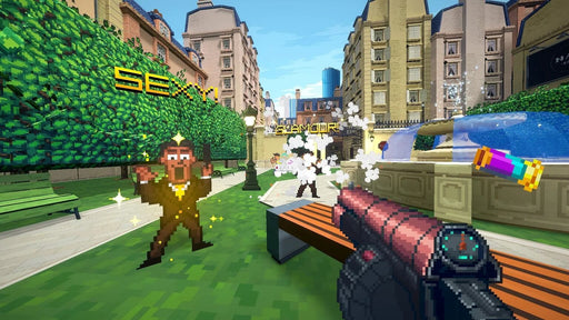 Gameplay screenshot - Pixelated action in a stylish city)
"First-person pixel-art action scene from Fashion Police Squad on PC Steam, featuring a vibrant cityscape, a flamboyant character labeled 'SEXY!', and a colorful weapon. Fight fashion crimes and get your Steam CD Key now at RushGame.co