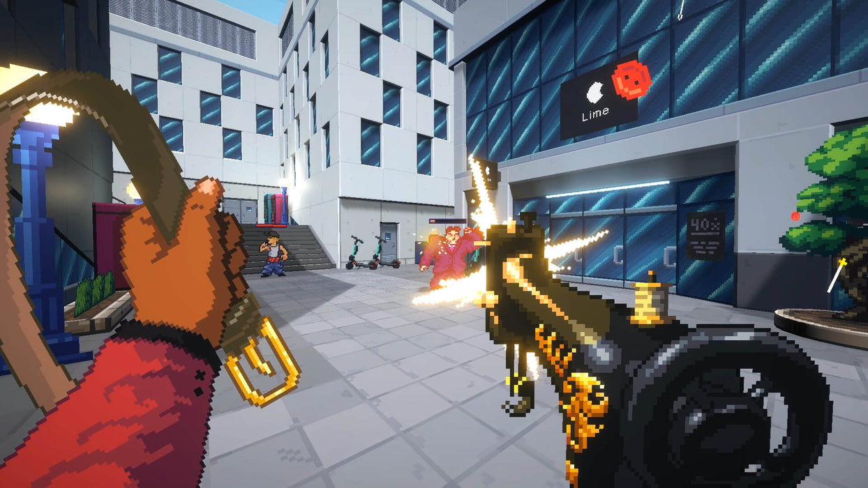 Gameplay screenshot - Golden gun and pixel brawls - Fast-paced pixel-art FPS gameplay in Fashion Police Squad, featuring a golden gun, stylish enemies, and an urban battlefield. Upgrade your wardrobe and take on the streets—get your digital Steam key now at RushGame.co