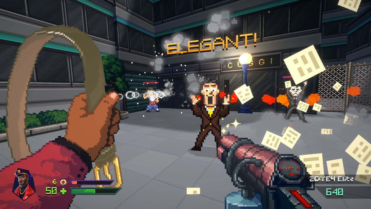 Game image - Elegant combat in the streets)
"Dynamic first-person combat in Fashion Police Squad, showcasing an officer using a stylish belt weapon against poorly dressed enemies. The word 'ELEGANT!' appears as a style point. Experience fashion-forward action with your PC Steam key from RushGame.co