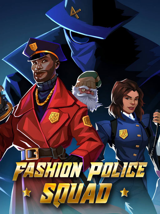 Cover art of Fashion Police Squad for PC Steam, featuring stylish officers in vibrant uniforms with a shadowy villain in the background. Get your digital game key now at RushGame.co