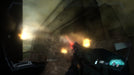 Game screen - Intense first-person shooter action in F.E.A.R. 2: Project Origin on PC Steam, as the player aims a high-tech rifle in a war-torn city engulfed in fire and chaos. Buy your Steam CD key instantly at RushGame.co