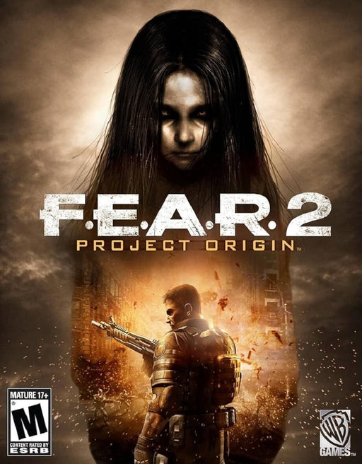 Cover art of F.E.A.R. 2: Project Origin for PC Steam, featuring the eerie figure of Alma Wade looming over a heavily armed soldier in a post-apocalyptic battlefield. Get your digital game key now at RushGame.co