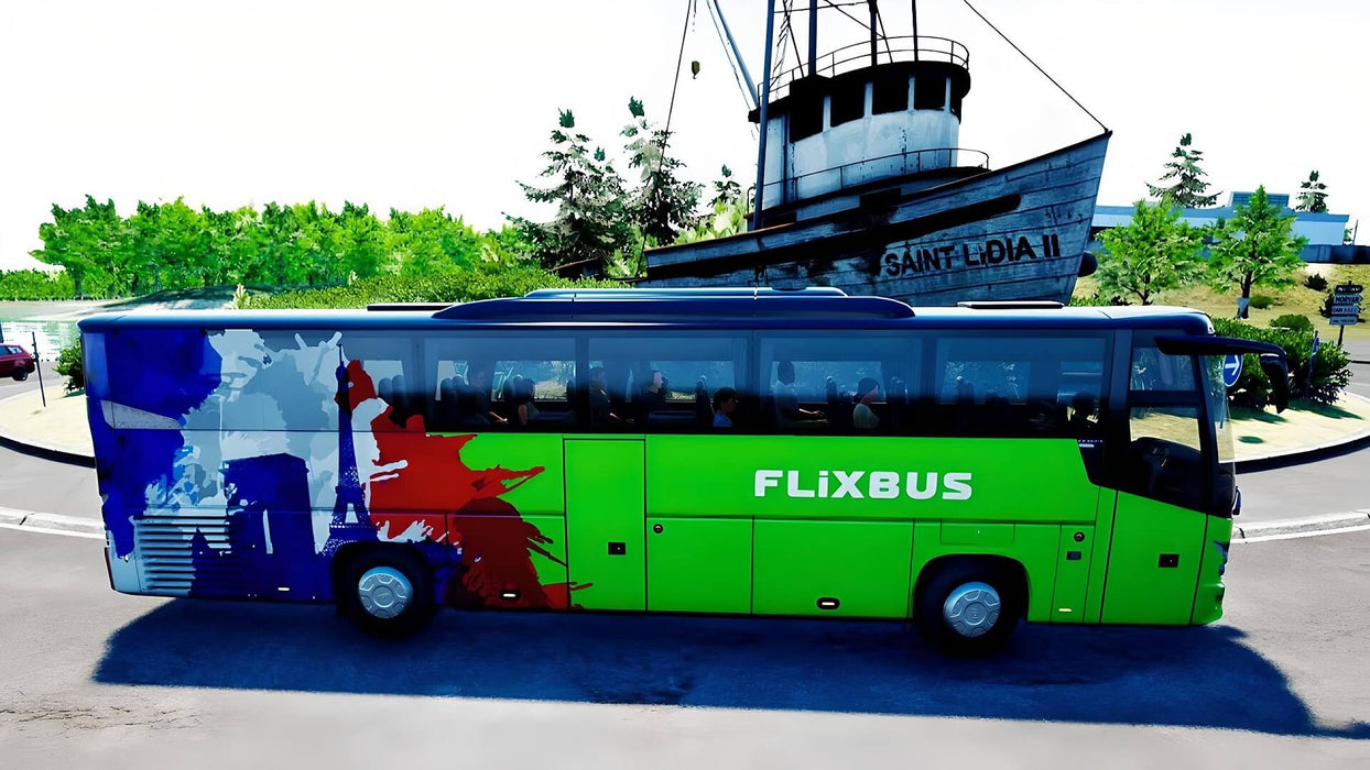 Gameplay screen - FlixBus with a French-themed design-
A FlixBus decorated with a blue, white, and red French-themed design, driving through a coastal area in Fernbus Simulator - France DLC. Enjoy immersive coach simulation—buy your Steam CD Key now at RushGame.co
