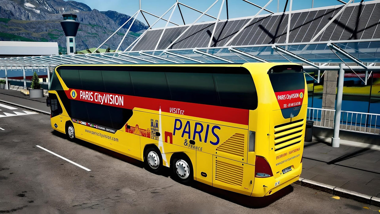 Gameplay screenshot - Paris City Vision tour bus at an airport)
"A Paris City Vision double-decker bus parked at an airport in Fernbus Simulator - France DLC. Drive through famous French cities and transport passengers—get your digital Steam key today at RushGame.co