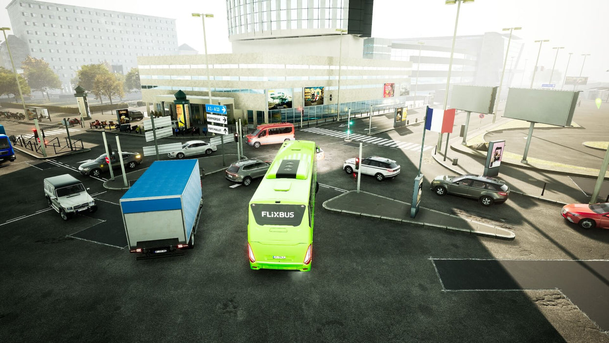 Traffic in a busy French city - gameplay screenshot - A FlixBus navigating through a busy intersection in Fernbus Simulator - France DLC, surrounded by urban traffic and modern buildings. Experience authentic long-distance bus driving—buy your PC Steam CD Key now at RushGame.co