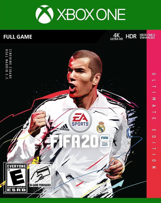 Official cover art for FIFA 20 Ultimate Edition on Xbox One, featuring Zinedine Zidane in a stylized design. Experience exclusive Ultimate Team bonuses, VOLTA Football, and enhanced gameplay. Get your FIFA 20 Ultimate Edition digital key now at RushGame.co