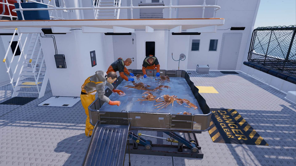 In-game screenshot from Fishing: North Atlantic on PC Steam showcasing crew members sorting freshly caught crabs aboard their fishing boat. Buy Fishing: North Atlantic Steam CD Key at RushGame.co and manage your own commercial fishing enterprise