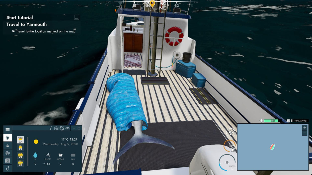 Fishing: North Atlantic PC Steam gameplay screenshot depicting a caught fish stored on deck during a fishing expedition near Yarmouth. Activate your Steam CD Key at RushGame.co and set sail for authentic Atlantic fishing experiences