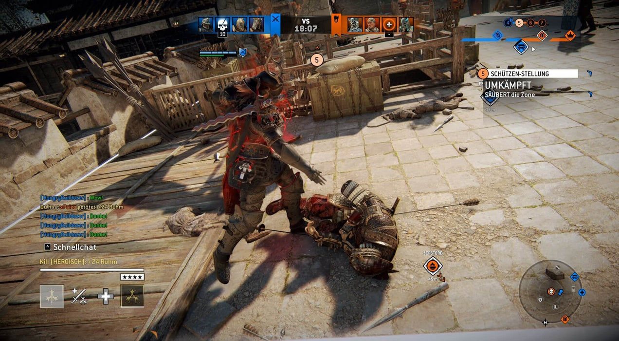 Gameplay screenshot - Action-packed multiplayer combat scene in For Honor on Xbox One showing a victorious warrior defeating his opponent with a spectacular finishing move. Buy your game key now at RushGame.co for immediate digital delivery