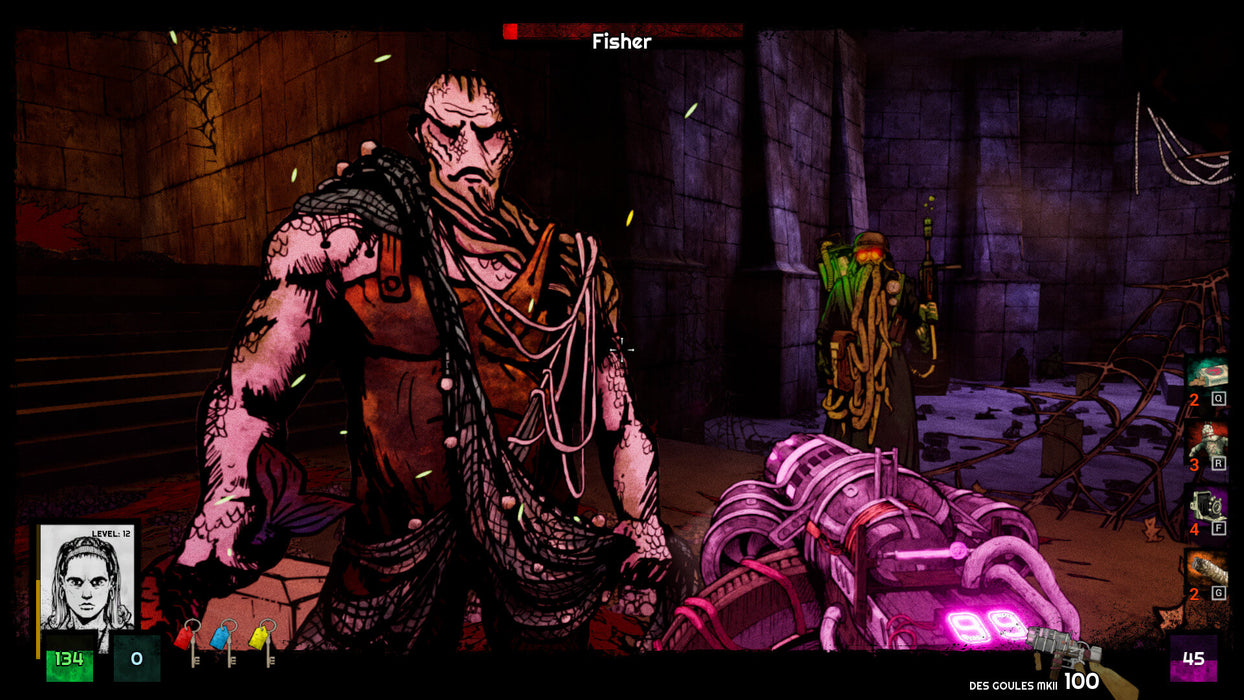 First-person shooter action in Forgive Me Father for PC, featuring a grotesque enemy wrapped in ropes and standing in a dimly lit dungeon. Get your Steam CD Key now at RushGame.co for an immersive horror FPS experience
