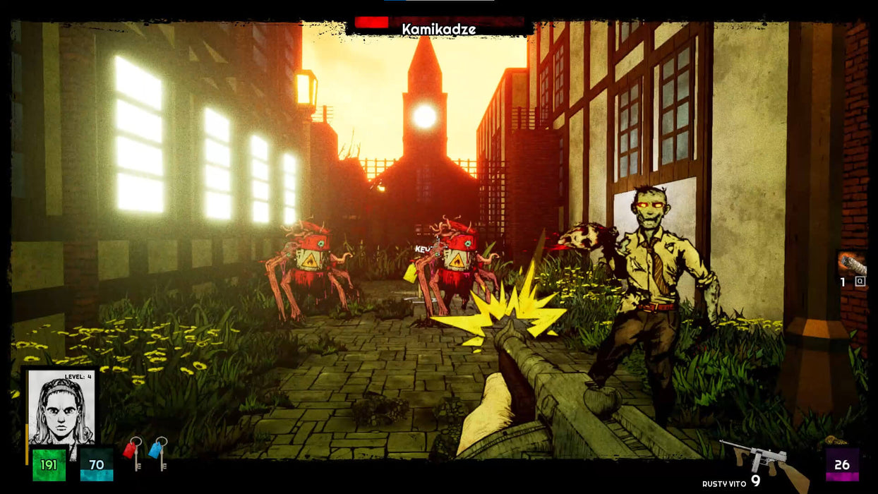 Forgive Me Father PC gameplay set in a cursed town, with the player shooting at horrifying zombie-like creatures in a comic book-inspired horror setting. Buy your Steam activation code instantly at RushGame.co
