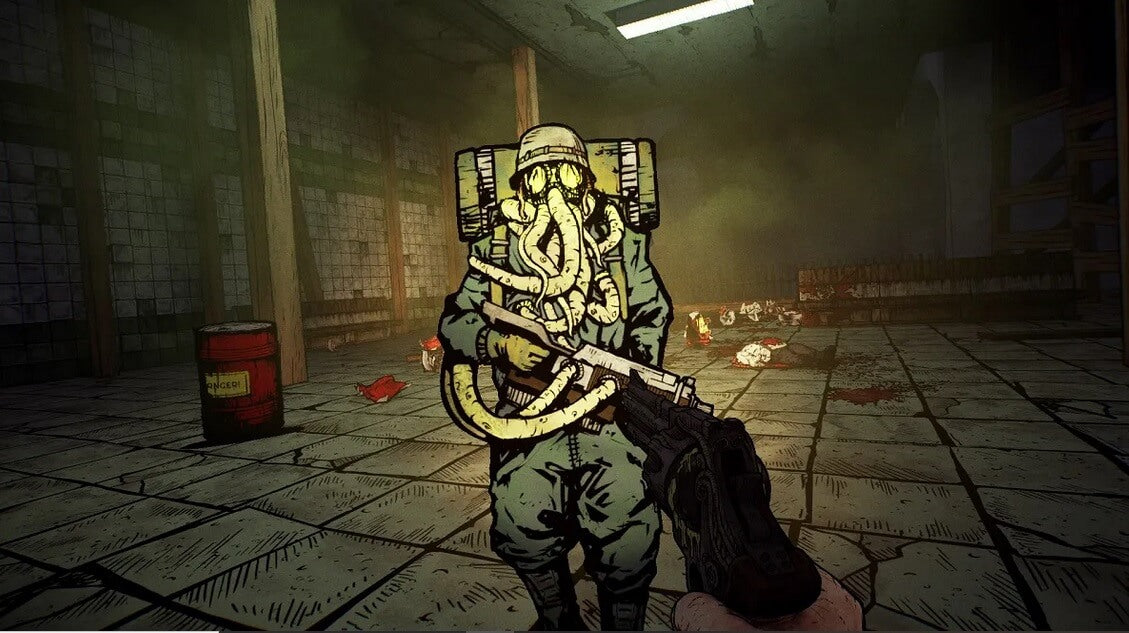 First-person horror action in Forgive Me Father 2 for PC, featuring a terrifying tentacled enemy in a dimly lit underground facility. Buy your Steam CD Key today at RushGame.co and survive the nightmare