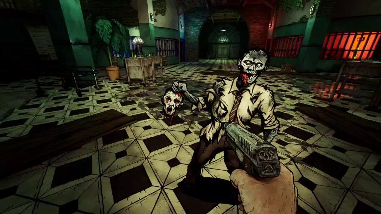 Forgive Me Father 2 PC gameplay depicting an intense encounter with a grotesque zombie holding its severed head, set in a dark, atmospheric hallway. Get your Steam activation code instantly at RushGame.co