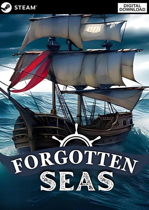 Cover art for Forgotten Seas on PC (Steam), featuring a majestic pirate ship sailing through turbulent waters. Buy the Forgotten Seas Steam key at RushGame.co for an unforgettable adventure on the high seas