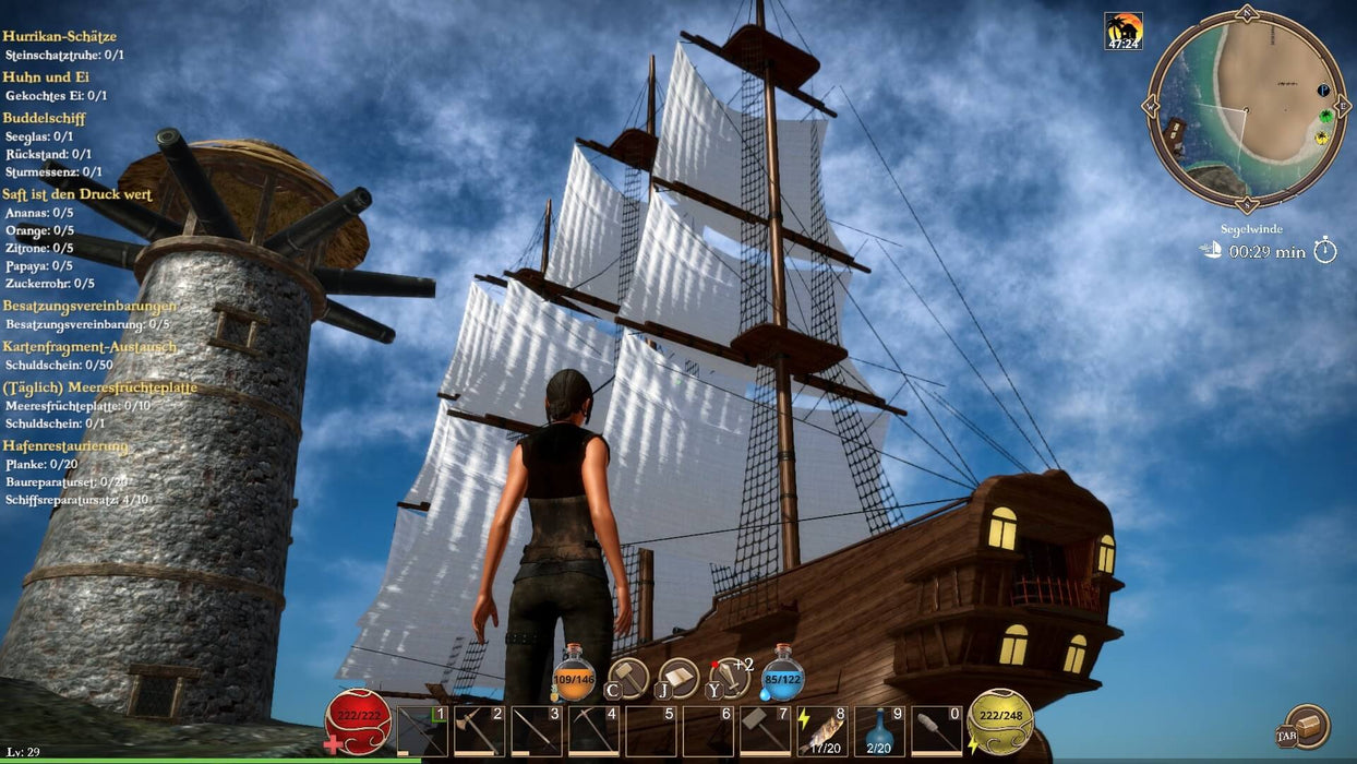 Gameplay scene from Forgotten Seas on PC (Steam), depicting a character standing near a towering sailing ship with detailed rigging and a tropical landscape in the background. Embark on an epic maritime adventure—buy your Forgotten Seas Steam key at RushGame.co