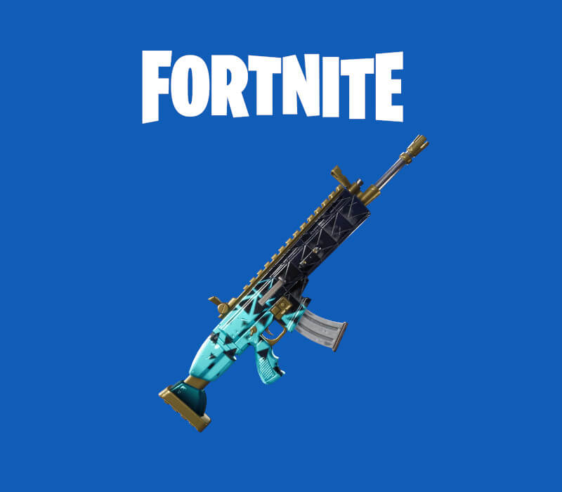 Fortnite Angular Flow Wrap applied to an assault rifle, featuring a unique black, turquoise, and gold design with animated elements. Upgrade your Fortnite arsenal—get your Fortnite Angular Flow Wrap DLC CD Key now at RushGame.co