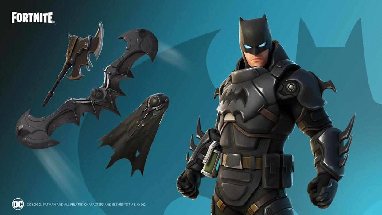 promotional image for Fortnite Armored Batman Zero Skin DLC on Epic Games, showcasing the Dark Knight in his armored suit along with exclusive Batman-themed weapons and a bat-shaped glider. Get your Fortnite Armored Batman Zero Skin DLC CD Key now at RushGame.co