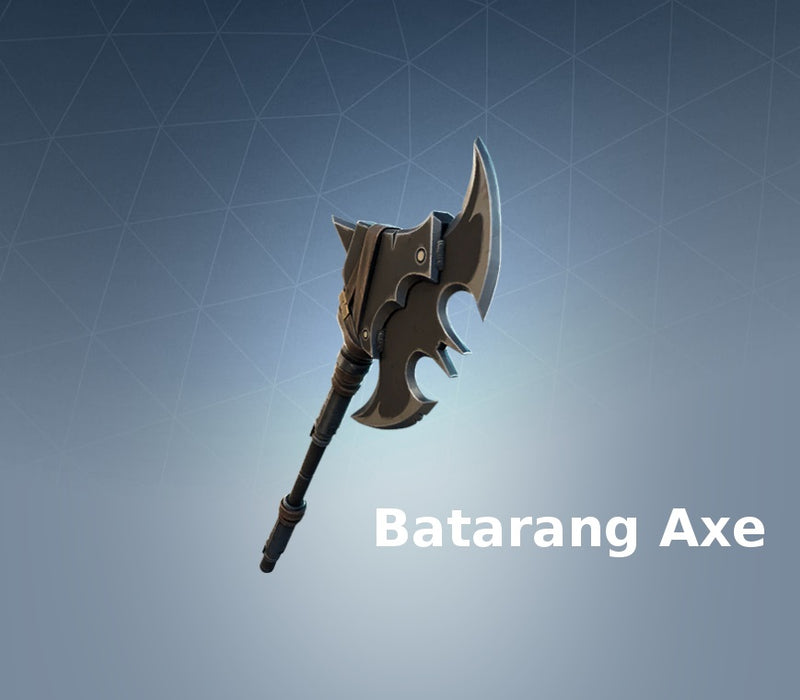 image of the Fortnite Batarang Axe, a DC Series harvesting tool inspired by Batman’s signature weapon. This sleek black battle axe features a bat-shaped blade, making it a perfect addition to the Batman Zero Point set. Get your Fortnite Batarang Axe DLC CD Key now at RushGame.co
