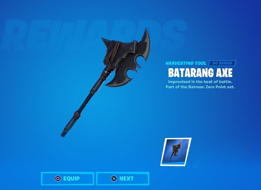 In-game preview of the Fortnite Batarang Axe harvesting tool, part of the Batman: Zero Point set. This exclusive DC collaboration item brings a sharp, tactical look to your Fortnite collection. Unlock the Batarang Axe DLC now with a CD Key from RushGame.co