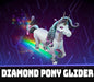 Promotional image of the Fortnite Diamond Pony Glider, featuring a radiant crystal unicorn with braided hair, glowing purple eyes, and a dazzling rainbow trail. This legendary glider, inspired by Tiny Tina’s Wonderlands, is an exclusive DLC for Fortnite. Buy your game key now at RushGame.co
