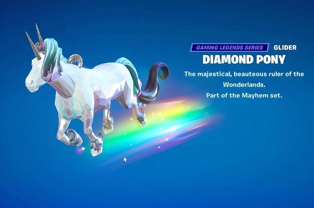 In-game showcase of the Fortnite Diamond Pony Glider, a sparkling, crystalline unicorn leaving a vibrant rainbow trail. Part of the Gaming Legends Series and the Mayhem set, this unique glider is available as a digital DLC for Fortnite on Epic Games. Get your key instantly at RushGame.co
