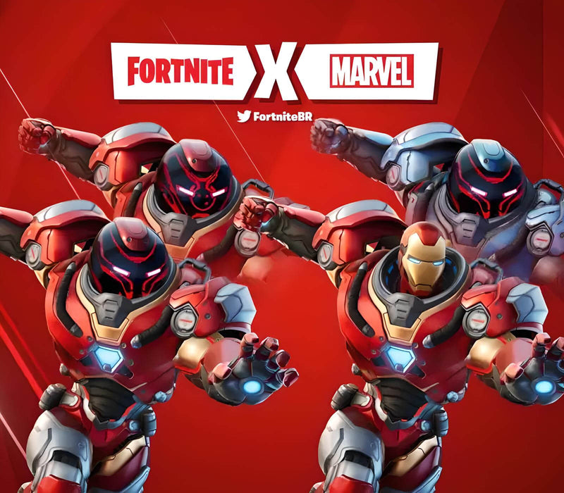 Fortnite x Marvel promotional image featuring the Iron Man Zero Outfit, showcasing a squad of armored warriors in red and silver suits with glowing visors. Part of the Zero War set, this exclusive Fortnite skin is available as a digital DLC key for Epic Games. Get it instantly at RushGame.co