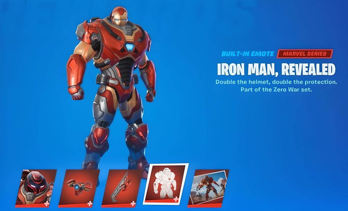 In-game preview of the Fortnite Iron Man Zero Outfit, a powerful red and gold armored suit inspired by Tony Stark’s legendary design. Part of the Marvel Series and Zero War set, this outfit features a built-in emote for helmet transformation. Purchase your Epic Games DLC key now at RushGame.co for instant access