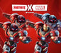 Promotional image of the Fortnite x Marvel Iron Man Zero Skin Collection, featuring multiple armored warriors in red and silver suits, including Iron Man, against a bold red background. Part of the Zero War set, this exclusive Fortnite DLC is available as a digital key for Epic Games. Get it instantly at RushGame.co