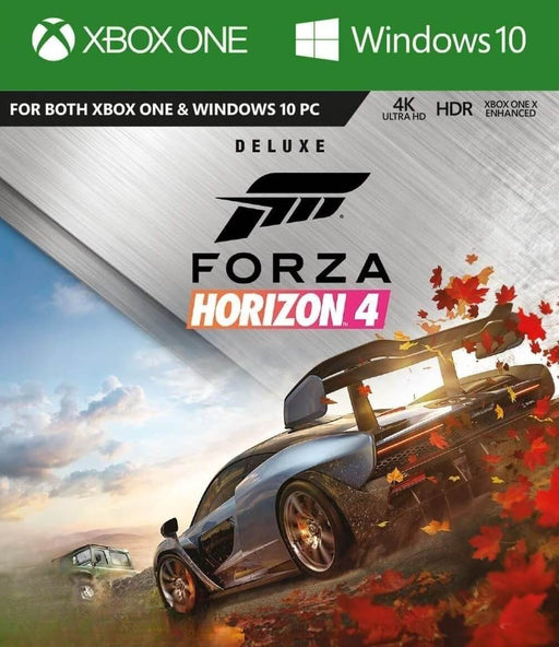 Cover art for Forza Horizon 4 Deluxe Edition on Xbox One and Windows 10. Experience open-world racing with breathtaking landscapes and dynamic seasons. Get your digital game key now at RushGame.co