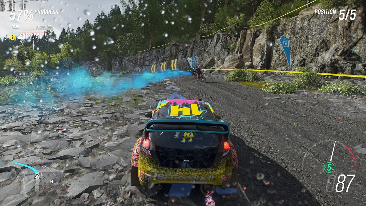 Gameplay from Forza Horizon 4 featuring a rally car racing through a muddy forest trail during a storm. Dominate every terrain—buy your Forza Horizon 4 key for Xbox One or PC now on RushGame.co