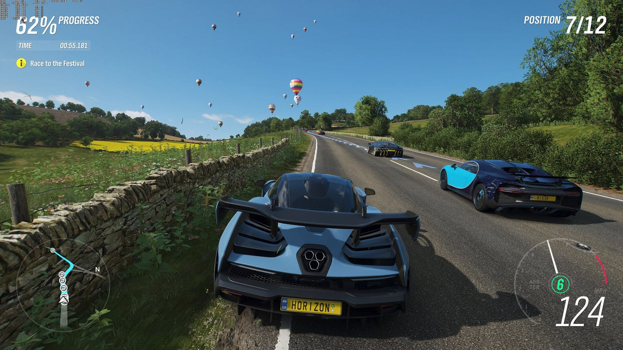 A McLaren Senna races alongside a Bugatti Chiron in Forza Horizon 4 Standard Edition, with hot air balloons floating in the background. Feel the rush of intense racing action. Purchase your Xbox One or Windows 10 CD key now at RushGame.co