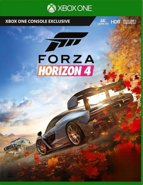 Official cover art for Forza Horizon 4 Standard Edition on Xbox One and Windows 10, featuring a McLaren supercar racing through a vibrant autumn landscape. Get your global CD key instantly at RushGame.co and experience open-world racing at its finest