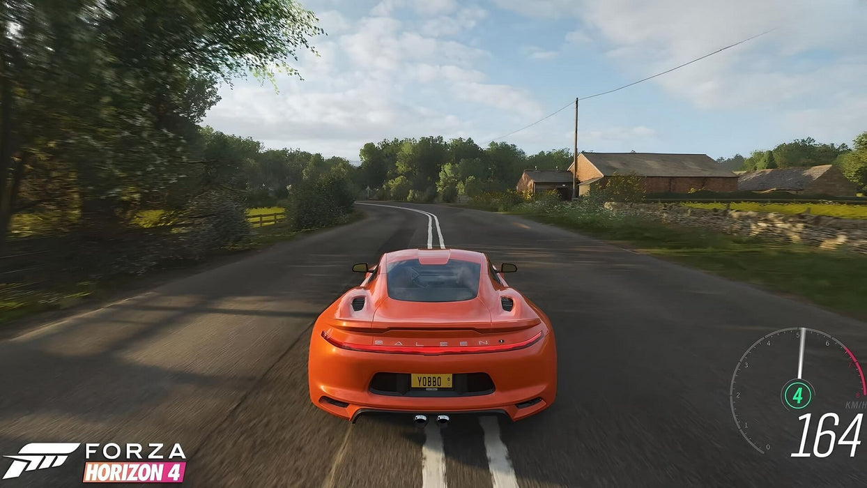In-game screenshot from Forza Horizon 4 Ultimate Edition, showing a sleek orange Saleen S1 speeding down a rural British road. Buy your Forza Horizon 4 game key now at RushGame.co for an exhilarating open-world racing experience
