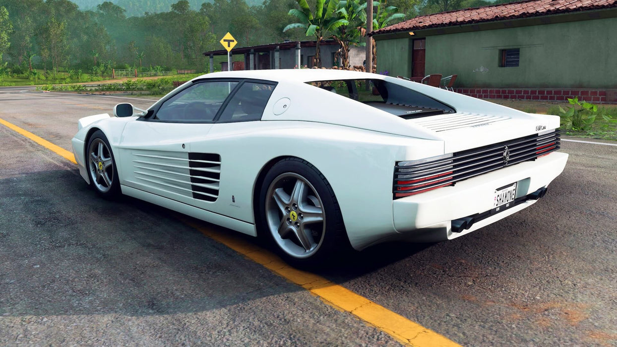 Gameplay screenshot - A sleek white Ferrari Testarossa parked on a scenic rural road in Forza Horizon 5 Deluxe Edition, highlighting the game’s detailed environments and classic car collection. Purchase your instant digital code at RushGame.co and expand your garage with legendary vehicles
