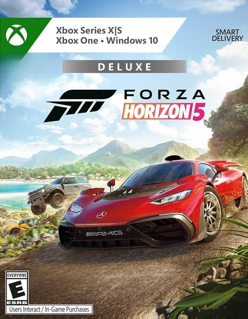 Official cover of Forza Horizon 5 Deluxe Edition for Xbox One, Xbox Series X|S, and Windows 10, featuring a red Mercedes-AMG One racing off-road. Buy your digital activation key instantly at RushGame.co and experience the ultimate open-world driving adventure