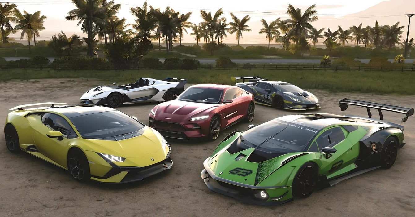 Gameplay screenshot - A collection of Lamborghini supercars, including the Huracán STO and Essenza SCV12, parked under palm trees in Forza Horizon 5 Premium Add-Ons Bundle DLC. Buy your digital activation key at RushGame.co and expand your garage with elite hypercars