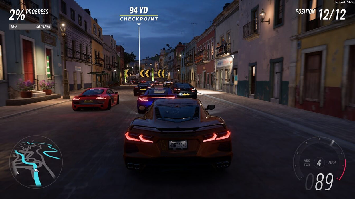 Gameplay screenshot - An intense night street race in Forza Horizon 5 Premium Add-Ons Bundle DLC, featuring high-performance sports cars racing through the neon-lit streets of Mexico. Purchase your digital code at RushGame.co and dominate the Horizon Festival