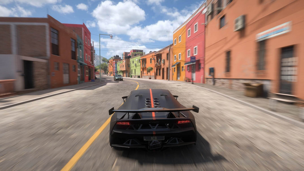 Gameplay screenshot - A sleek black Lamborghini Veneno speeding through a colorful Mexican city in Forza Horizon 5 Premium Add-Ons Bundle DLC. Buy your game key at RushGame.co and experience the ultimate open-world racing adventure