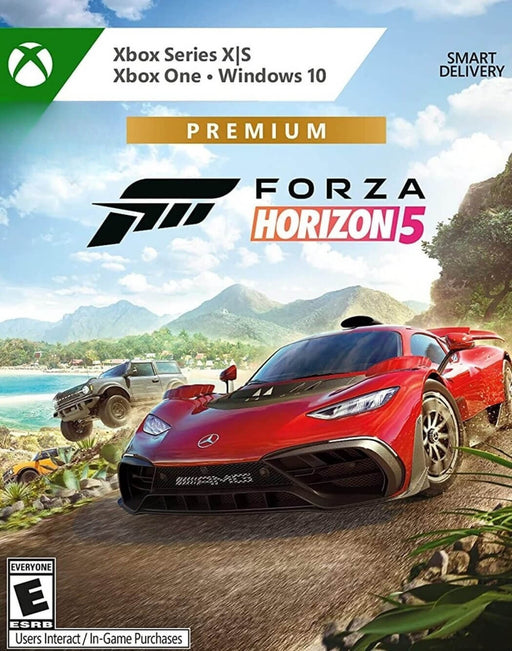 Official cover art for Forza Horizon 5 Premium Edition on Xbox Series X/S, Xbox One, and Windows 10, featuring a red Mercedes-AMG Project One speeding through rugged terrain. Buy your Forza Horizon 5 Premium Edition digital game key at RushGame.co and experience the ultimate open-world racing adventure