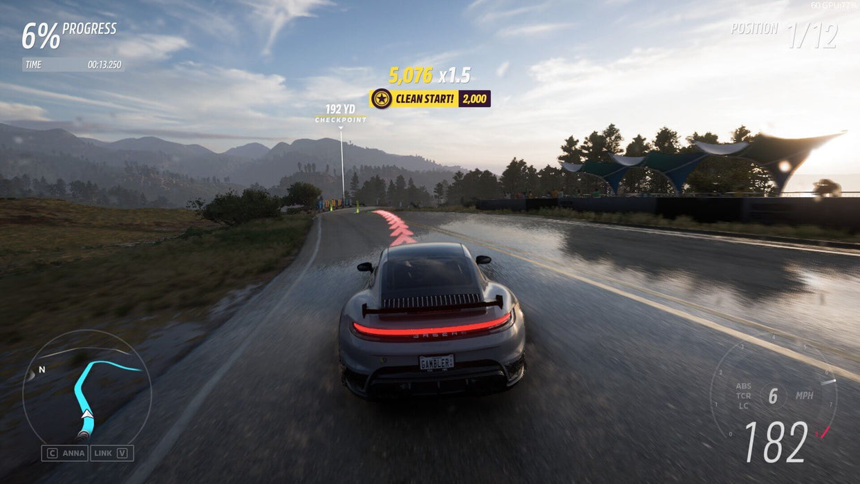 Gameplay screenshot - A sleek Porsche 911 Turbo racing through a wet mountain road in Forza Horizon 5, with checkpoint progress displayed on screen. Unlock the best driving experience with Forza Horizon 5 Standard Edition—buy your digital game key today at RushGame.co